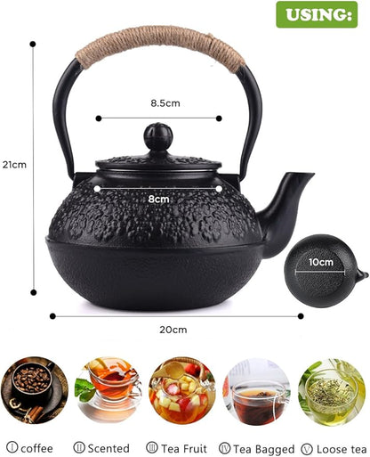 Sotya Cast Iron Teapot, 40oz/1200ml Japanese Tetsubin Tea Pot with Infuser for Loose Leaf and Tea Bags, Tea Kettle Coated with Enameled Interior for Stove Top, Black