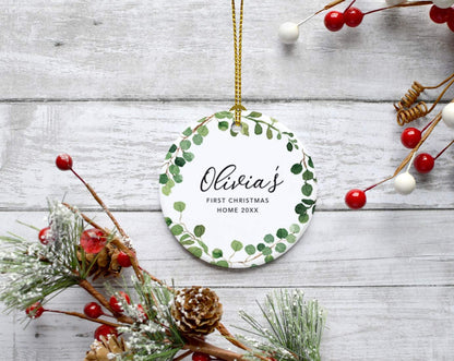 Andaz Press Personalized Round Ceramic Porcelain Christmas Tree Ornament Keepsake Collectible New Baby Gift, Olivia's First Christmas Home 2025, Farmhouse Eucalyptus Wreath, 1-Packs