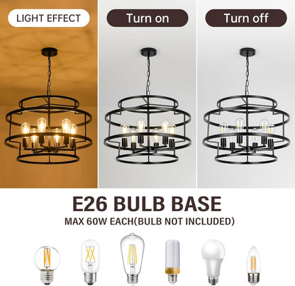 24" Black Chandelier, 6-Light Farmhouse Pendant Light Fixture with Geometric Metal Frame, Modern Industrial Ceiling Hanging Light for Dining Room, Living Room, Bedroom, Kitchen Island, Hallway, Foyer