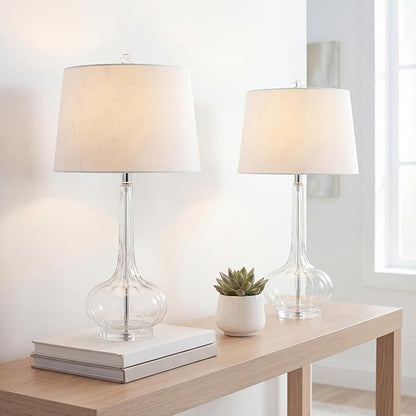 JONATHAN Y 28.5" Clear Glass Teardrop LED Table Lamp Set of 2 for Living Room Bedroom Nightstand, White Linen Shade Modern Transitional Bedside Desk Lamp (JYL1079C-SET2)