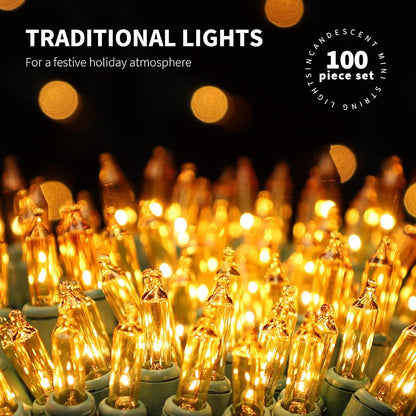100LIGHTS Yellow Extra-Bright with End Connectors Christmas Decorative Lights 5.98m UL Certified Mini String Light Set Waterproof for Home Garden Holiday Christmas Tree Party Patio Wedding