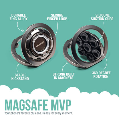 Smartish® MagSafe Suction Mount - WallFlower - 3 in 1 Reversible Magnetic Phone Grip Finger Loop, Suction Mount, Kickstand w/Universal MagSafe Adapter Kit for Apple iPhone - Black Tie Affair