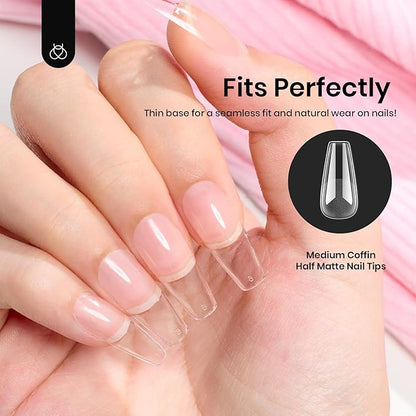 Beetles Gel Nail Tips Medium Coffin 576PCS Etch X Nail Tips, 12 Sizes Pre Shaped Half Matte Press On Nails Full Cover False Nails Acrylic Nails Glue on Nails Extensions Set for Women Home DIY