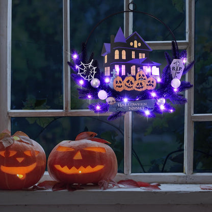 Lighted Halloween Wreaths for Front Door, Welcome Metal Wooden Door Wreath Decor Hanging Sign, 30 LED Lighted Wall Decor Battery Operated for Halloween Indoor Outdoor (Pumpkin)
