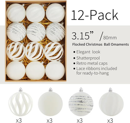 Christmas Ornaments Set of 12, 3.15" Flocked Velvet Balls with Hand Painted Designs, White Elegant Christmas Tree Decorations in Gift Box