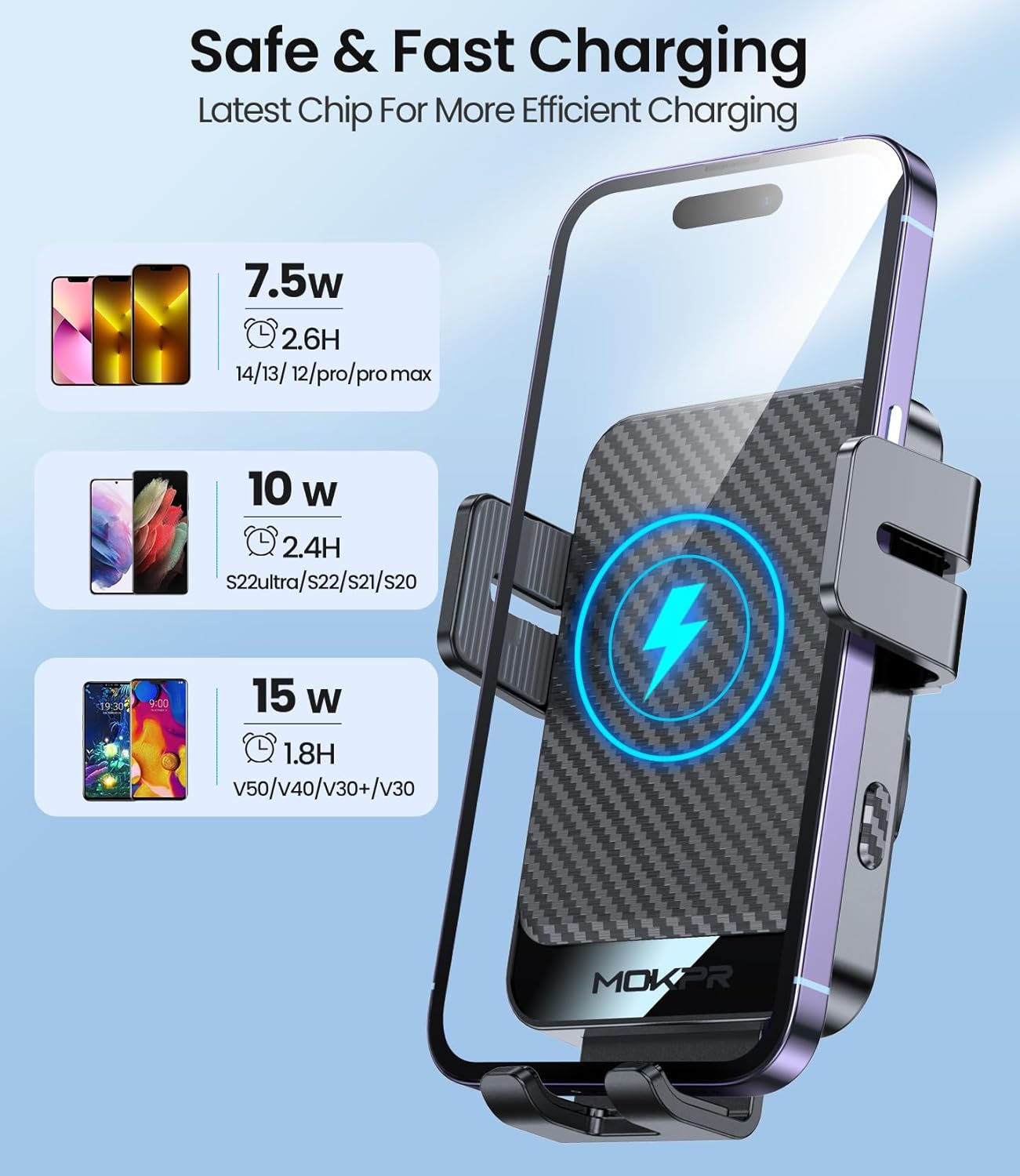 Wireless Car Charger, MOKPR 15W Fast Charging Auto-Clamping Car Mount Universal Hands-Free Car Charger Mount for Dash Windshield Air Vent Compatible with iPhone 15/14/13/12, Samsung S23/S22/S21 Black