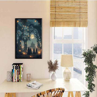 JFHCQJPK Mysterious creek painting witch and castle in magic forest art print canvas gothic print dark college decoration poster for home bedroom12x16in Metal blackFramed