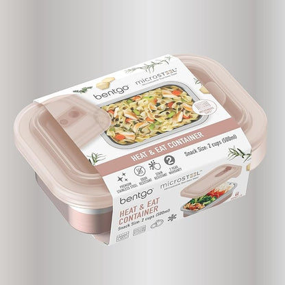 Bentgo MicroSteel Heat & Eat Container – Microwave-Safe, Leak-Proof & Airtight, Easy-to-Clean Lightweight Stainless Steel Reusable Food Storage with Silicone Lid (Snack Size; 2-Cup Capacity; Rose)