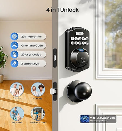 Veise Fingerprint Door Lock with 2 Knobs - Keyless Entry Door Lock with Handle, Electronic Keypad Deadbolt, Smart Front Handle Set, Auto-Locking, Waterproof, Easy Installation, Matte Black