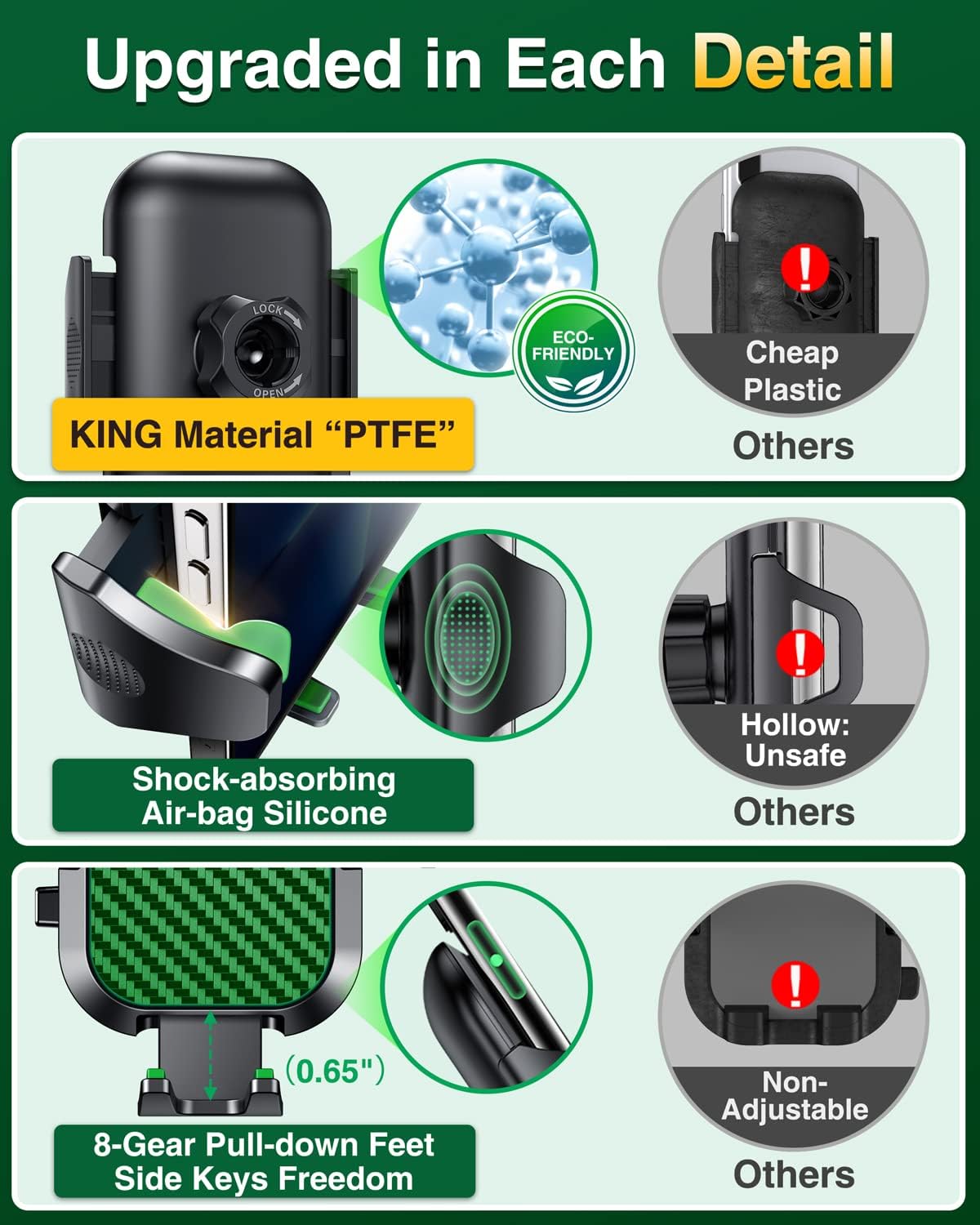 VANMASS Car Phone Holder Mount 2025 Upgraded [Patent Steel-Hook] Car Vent Phone Mount Clip Military-Grade Shockproof Cell Phone Car Mount Handsfree Truck Stand Vent Cradle for iPhone 16 Android,Green