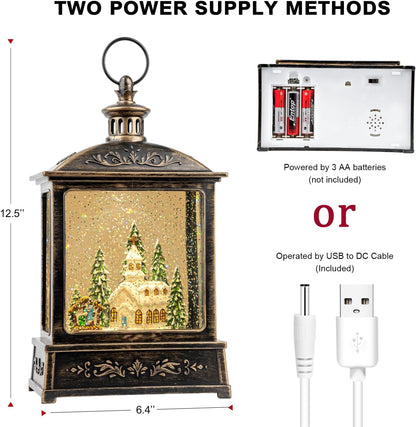 12.5'' Musical Snow Globe Lantern Lighted Church with Nativity Manger Scene Water Lantern in Swirling Glitter, Christmas Home Decoration and Gift, Battery Operated or USB Powered