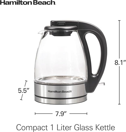 Hamilton Beach Glass Electric Tea Kettle, Water Boiler & Heater, 1 Liter, 1500 Watts for Fast Boiling, BPA Free, Cordless Serving, Auto-Shutoff & Boil-Dry Protection, Soft Blue LED (40930)