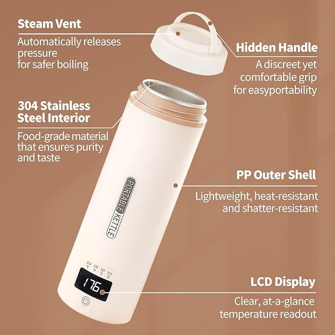 Travel Kettle Mini Portable Electric Kettle with 4 Temperature Settings, Plug in 304 Stainless Steel Mini Travel Electric Kettle with Auto Shut-off (Beige)