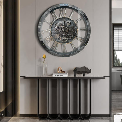 DORBOKER 27" Real Moving Gears Large Wall Clock with Toughened Glass Cover, Giant Wood Farmhouse Clock, Oversized Vintage Industrial Rustic Clock for Living Room Decor Home Kitchen (Carbon Grey)