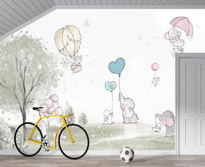 Cartoon Elephant Rabbit Balloon Nursery Wall Mural Wallpaper 137" x 100"