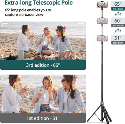 ATUMTEK 65" Selfie Stick Tripod, All in One Extendable Phone Tripod Stand with Bluetooth Remote 360° Rotation for iPhone and Android Phone Selfies, Video Recording, Vlogging, Live Streaming, Black