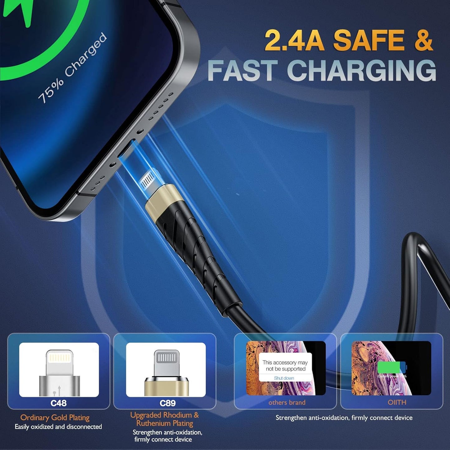 OIITH MFi Certified for iPhone Charger Cable 3 Pack 6 Ft, Long for Lightning Charging Cord, Fast 2.4A for iPhone USB Cord Compatible with iPhone12/11/XS/Max/XR/X/8/8P/7P/6/iPad - Gold