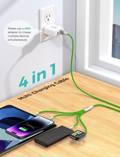 2Pack Travel Essentials Multi Charging Cable for Watch Charger 4 in 1 Fast Charger Camping Essentials USB C/L/Micro Compatible with Watch Series 10-1/SE/Ultra Phone 16 15/Galaxy Android-4FT/Green