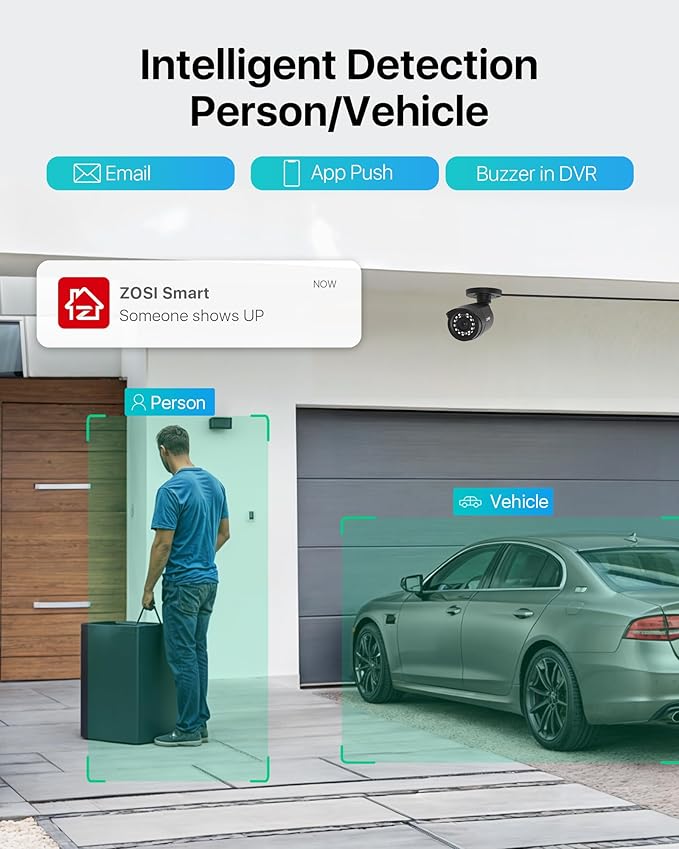 ZOSI 8CH 3K Lite Security Camera System with AI Human Vehicle Detection, 8 x 1920TVL Weatherproof Home Outdoor Cameras, 80ft Night Vision, Remote Access, H.265+ 8 Channel Video DVR, NO Hard Drive
