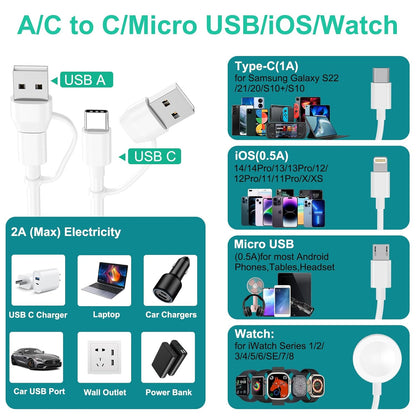 Multi Charging Cable 4 in 2 for Apple Watch Charger i-Phone, Travel 4 in 2 Watch & Phone Charger with iOSPorts/Type C/Micro USB Port Compatible with iWatch/iPhone 16 15/Galaxy Android-6FT