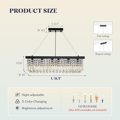 Rectangle K9 Crystal Chandelier,Rectangular Contemporary Pendant Light Fixture,Black Modern Crystal Chandeliers for Dining Room Kitchen Island L31.5''xW10''xH10''