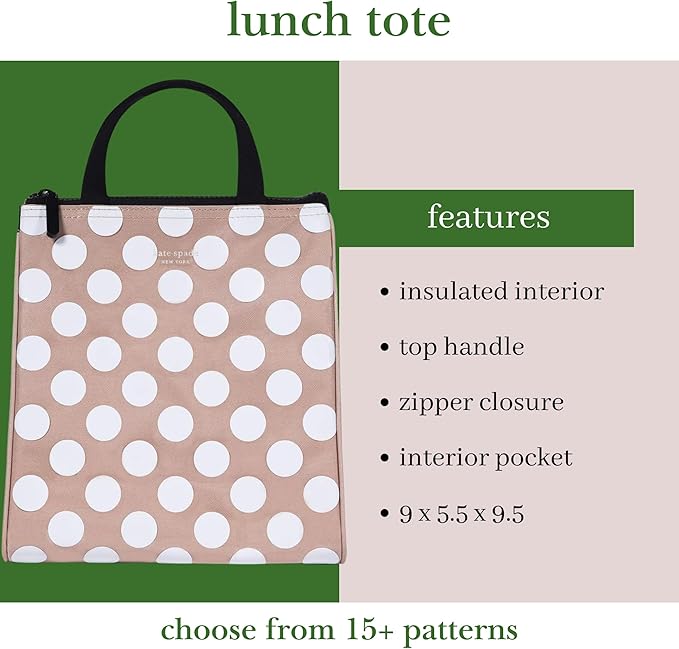 kate spade new york Cute Lunch Bag for Women, Large Capacity 9 x 4.5 x 10 Lunch Tote, Adult Lunch Box with Silver Thermal Insulated Interior Lining and Storage Pocket (Jumbo Dot)