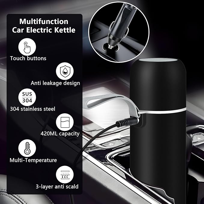 Car Kettle, 12V/24V Portable Electric Travel Kettle 420ML & 304 Stainless Steel Water Boiler with Built-in Magnetic Induction Stirring Temperature Adjustable Bottle Warmer for Tea Coffee Milk