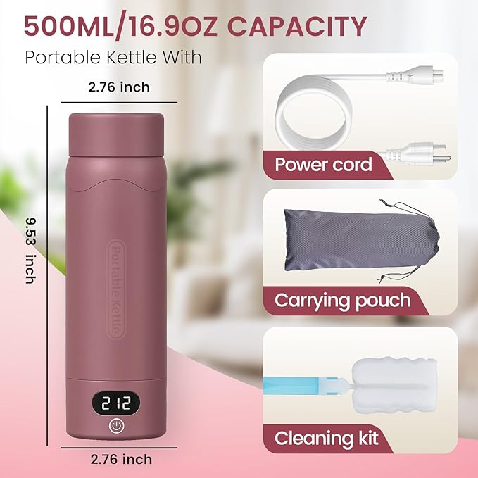 Travel Electric Kettle Portable Mini Kettle,316 Stainless Steel 16.91Oz,Small Hot Water Boiler with 4 Temperature Settings,Fast Boiling Water with Auto Shut-Off and Boil Dry Protection(Cranberry)
