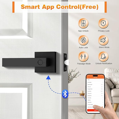 Probrico Fingerprint Door Lock, Biometric Door Handle with Smart Lock, Keyless Entry Door Handle Lock with App, Black Square Electronic Smart Door Lock for Bedroom, Apartment, Office, Front Door