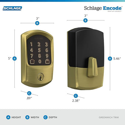 Schlage Encode Smart WiFi Deadbolt Lock for Front Door - Keyless Entry with App or Touchscreen - Works with Alexa, Hey Google, & Airbnb - Create Codes for Guests - Satin Brass
