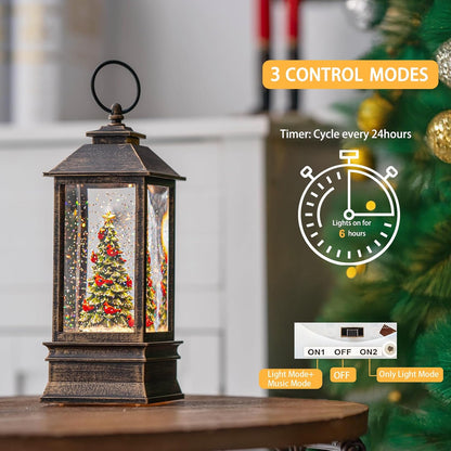 Christmas Snow Globe Lantern Water Glittering Christmas Tree with Music, USB Lined/Battery Operated Lighted Lantern for Christmas Festival Decoration Gifts
