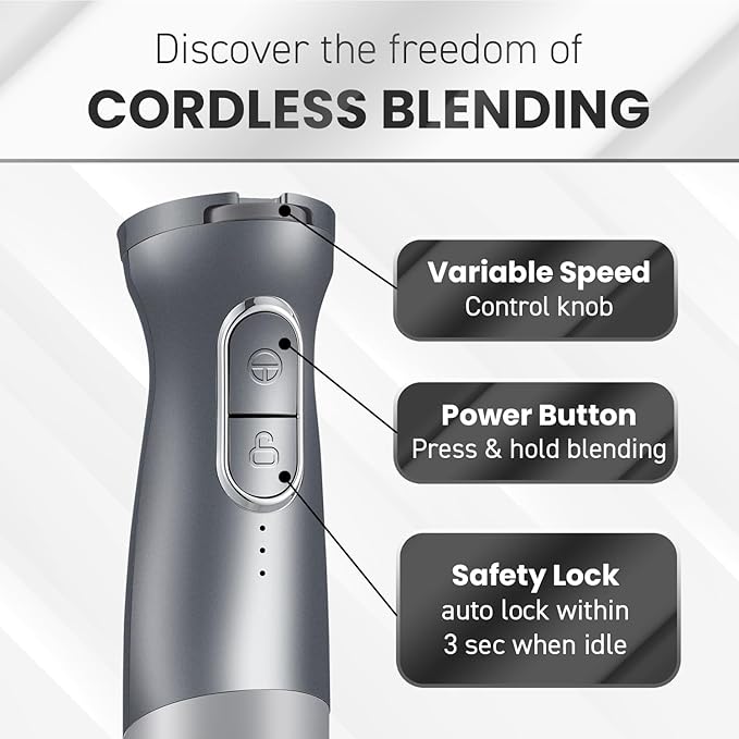 Elite Gourmet EHB1324 Cordless, Rechargeable Hand Blender, Variable 5-Speed Blending, One-Touch Power Button & Safety Lock, Stainless Steel Blades, Portable, Sauces, Soup, Smoothies, Baby Food, Gray
