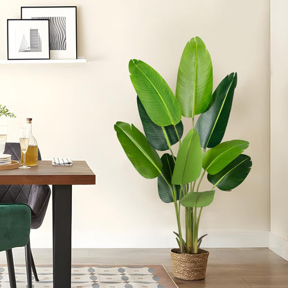 Artificial Bird of Paradise Plant 5.2Ft Fake Tropical Palm Tree with 10Trunks Faux Banana Leaf Trees in Pot for Home Indoor Outdoor Office Modern Decor Housewarming Gift（1Pcs）