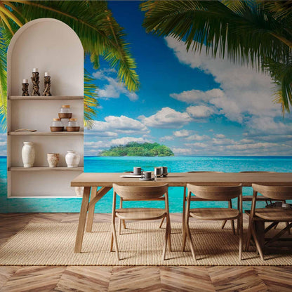 artgeist Wall Mural Peel and Stick Nature 212x98 in - XXL Self-Adhesive Corner Wallpaper Removable Large Sticker Foil Angle Wallpaper Holiday Lagoon Palms n-A-10068-a-a