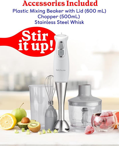 BETTY CROCKER Immersion Blender for Home & Kitchen, 2-Speed Hand Mixer Electric Handheld with Stainless Steel Blade, Beaker & Whisk, 250W Portable Blender with Ergonomic Handle, White