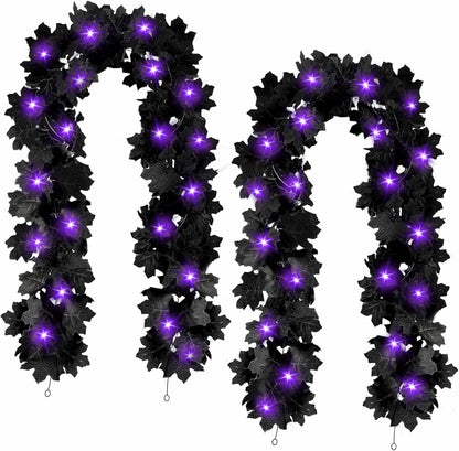 Joyhalo 2 Pack Halloween Garland with Lights, Black Maple Leaves Lighted Garland for Mantle, 5.7FT Light Up Leaf Autumn Vines Outdoor for Door Frame, Fireplace and Thanksgiving Fall Decor