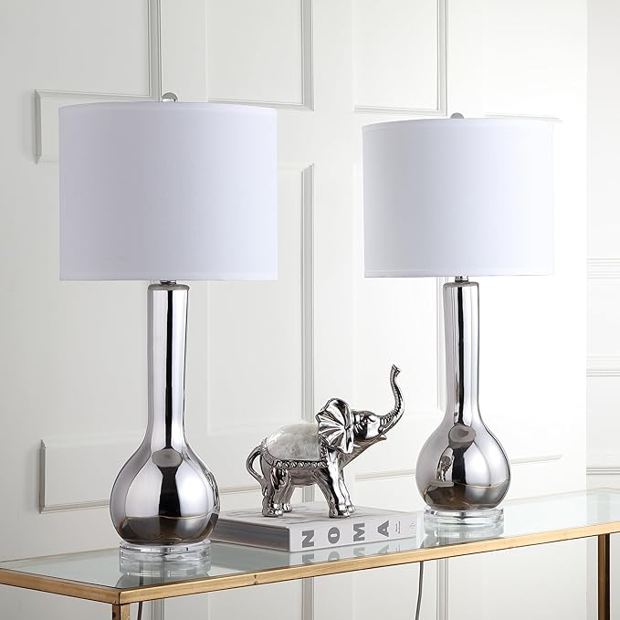 SAFAVIEH Lighting Collection Mae Long Neck Modern Contemporary Silver Ceramic 31-inch Bedroom Living Room Home Office Desk Nightstand Table Lamp Set of 2 (LED Bulbs Included)