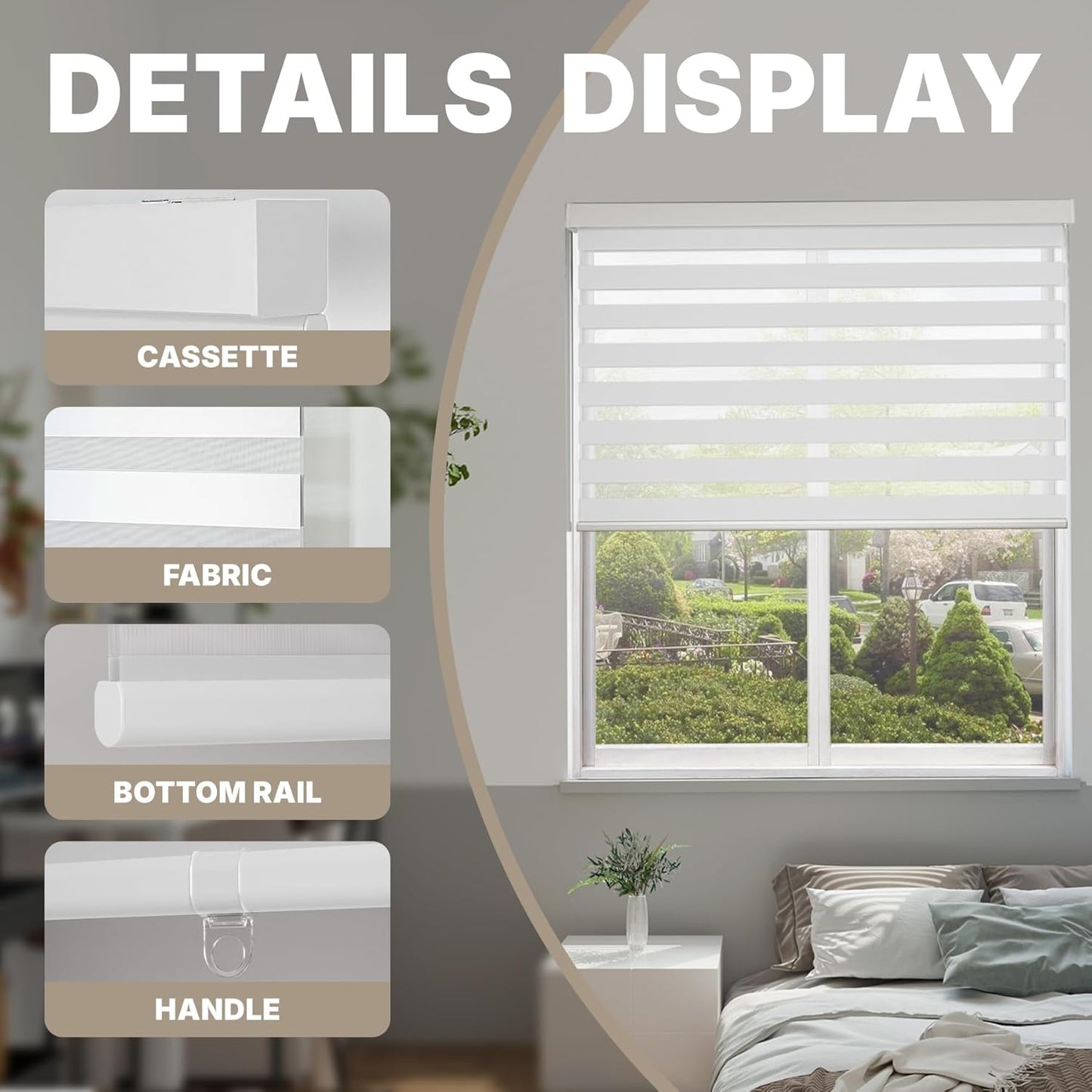 HESTIA Cordless Zebra Blinds Light Filtering Roller Shades Blackout Indoor Window Blind for Home Office,White,38" W x 48" H