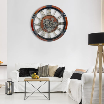 DORBOKER 30" Original Moving Gears Wall Clock, Large Industrial Wall Clock for Living Room Decor, Retro Wood Vintage Farmhouse Steampunk Rustic Clocks for Wall Decor,Black Walnut
