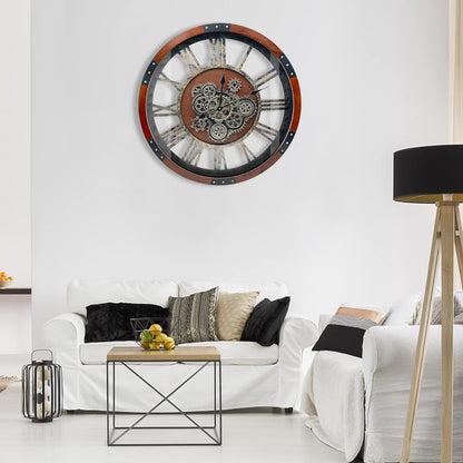 DORBOKER 24" Original Moving Gears Wall Clock, Large Industrial Wall Clock for Living Room Decor,Oversized Wood Vintage Farmhouse Steampunk Rustic Clocks for Wall Decor,Black Walnut