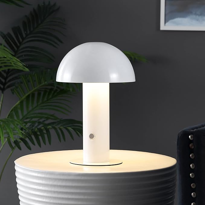 JONATHAN Y 10.75" White Rechargeable LED Mushroom Table Lamp, Cordless Portable Bedside Lamp for Living Room Bedroom, 3-Way Dimmable Modern Iron Desk Light, Metal Shade (JYL7115B)
