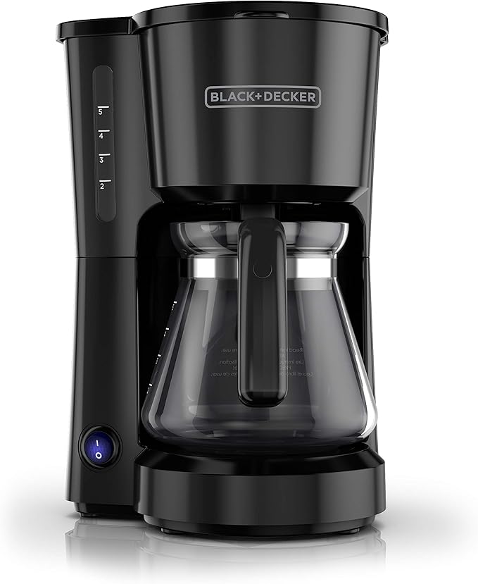 BLACK+DECKER 5-Cup Coffee Maker with On/Off Switch, Sneak-A-Cup Feature, and Easy-View Water Window, Black