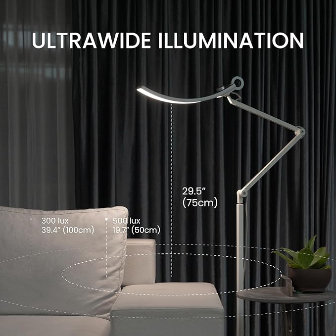 BenQ e-Reading Floor Lamp - Ultrawide and Bright Lighting, Dimmable with 13 Color Modes, Adjustable Arm, Auto-dimming, Eye-Caring Lamp for Home Office, Reading, Study, Craft, Matte Silver