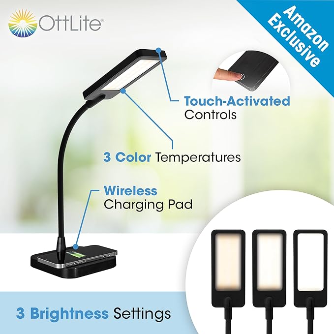Ottlite ClearSun LED Desk Lamp with Wireless Charging - 3 Color Temperature Modes, Flexible Gooseneck - Task Lamp for Home, Reading, Office & College Dorms