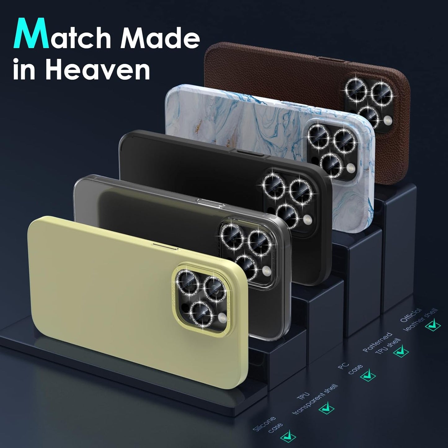 YWXTW Designed for iPhone 15 Pro/iPhone 15 Pro Max Camera Lens Protector Bling, [New Glitter Design] Individual Metal Tempered Glass Camera Cover Accessories Case Friendly (Black Titanium Glitter)