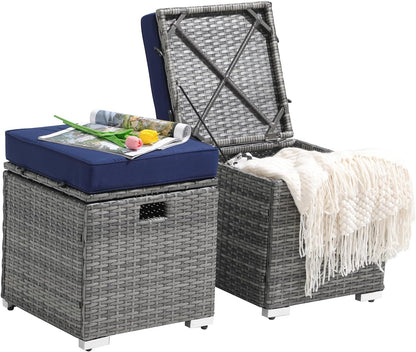 Patiorama 2 Piece Outdoor Patio Ottomans,All-Weather Grey PE Rattan Wicker Ottoman with Storage,Outdoor Footrest Footstool Seat w/Thick Cushion,Built-in Handle for Backyard Poolside Porch (Navy Blue)
