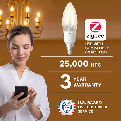 Sengled Zigbee Smart Light Bulbs, Smart Hub Required, Work with SmartThings and Echo with Built-in Hub, Voice Control with Alexa and Google Home, Soft White B11 Candelabra Light Bulbs 40W Eqv. 2 Pack