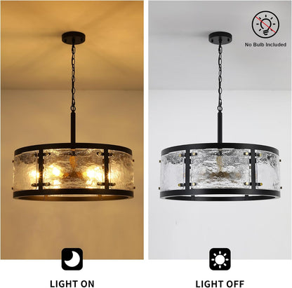 23.6" Large Farmhouse Drum Black Chandelier, 6-Light Vintage Round Glass Chandeliers for Dining Room, Industrial Light Fixture for Kitchen Living Room Stairwell, Clear Waterglass Drum Shade