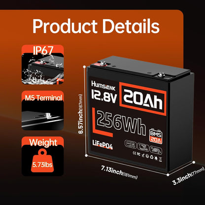 12V 20Ah LiFePO4 Lithium Battery, Built-in 20A BMS, EV Grade A+ Cells, Rechargeable 6000 to 15000 Deep Cycles Lithium Batteries 12V, Perfect for Fish Finder, Camping, Power Wheels