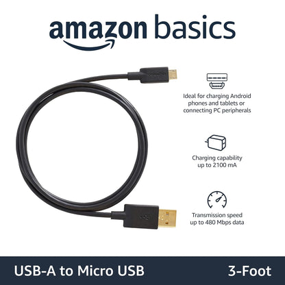 Amazon Basics 3-Pack USB-A to Micro USB Charging Cable, 480Mbps Transfer Speed with Gold-Plated Plugs, USB 2.0, 3 Foot, Black